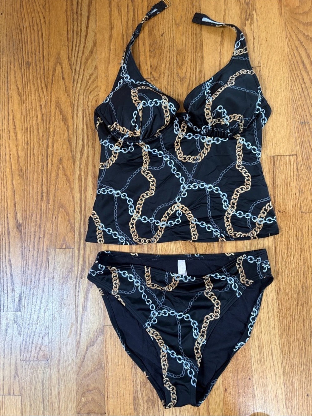 Victoria's Secret Black Tankini with Gold and Silver Chain Print